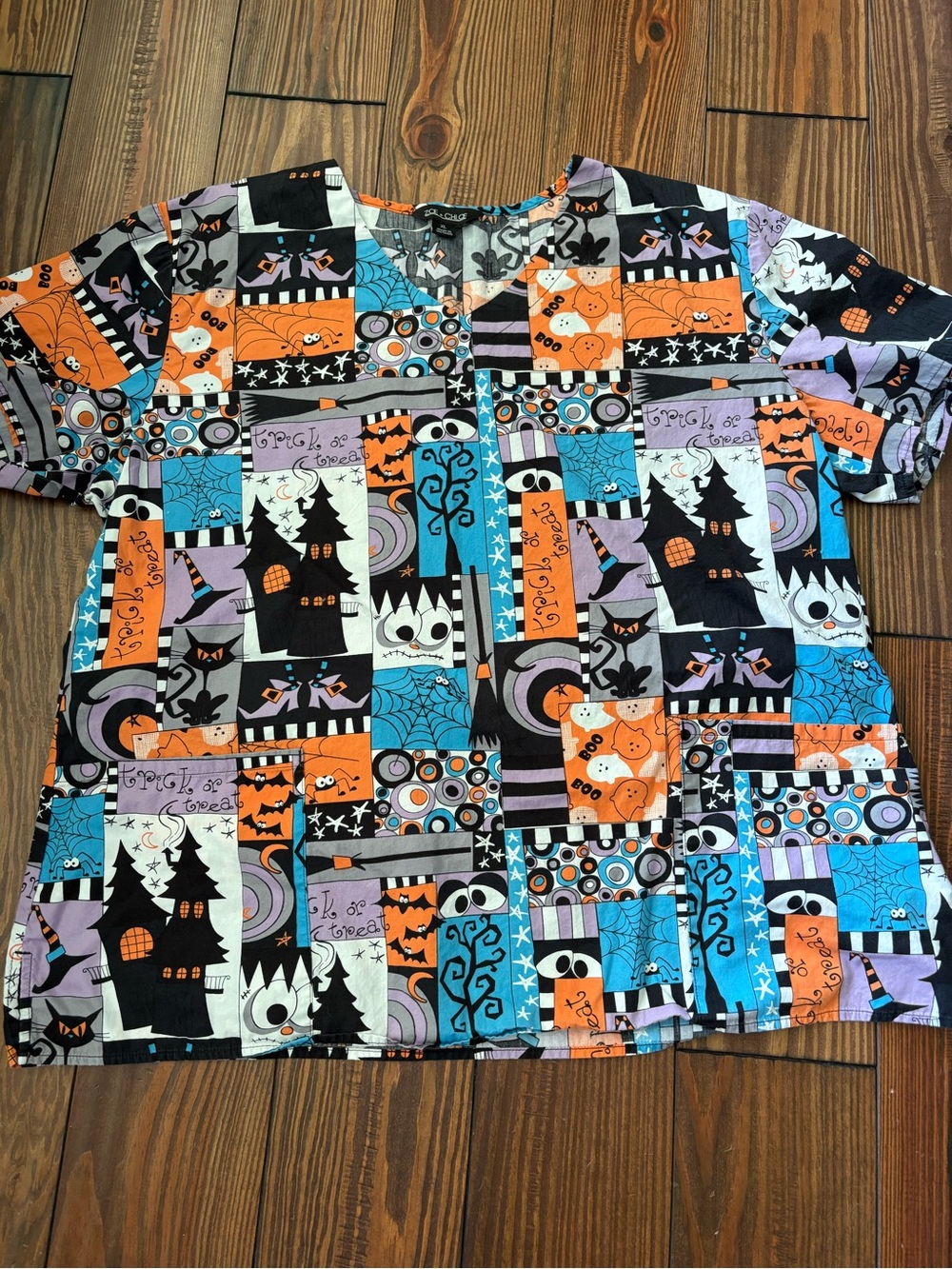 Halloween Patchwork Print Short Sleeve Tee - Orange/Black/Blue
